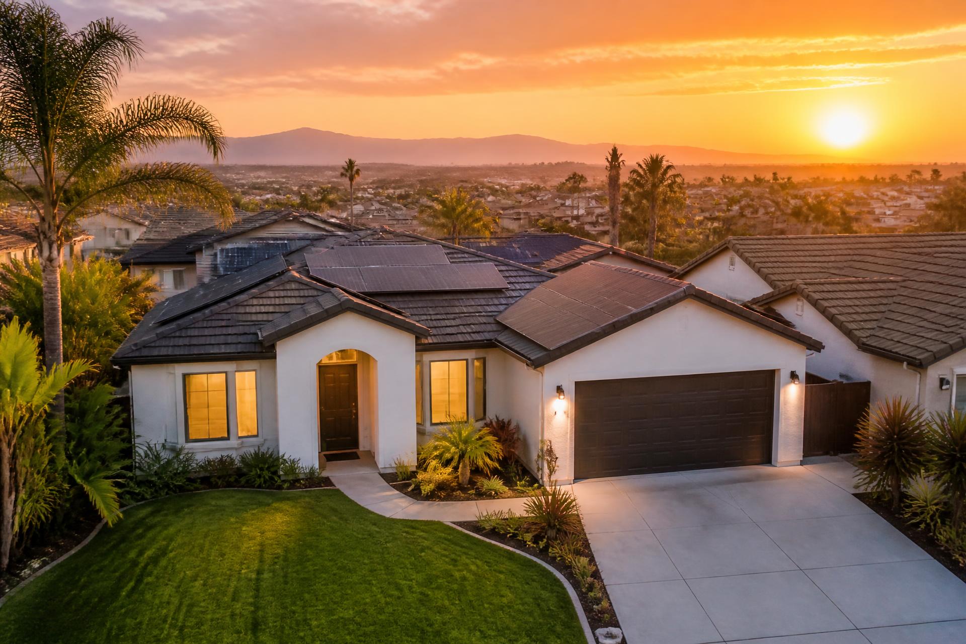 Modern Corona home at golden hour with premium black solar panels installed on the roof